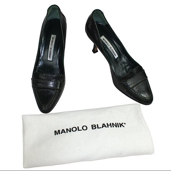 Manolo Blahnik Black Leather Preppy Loafer Pumps, Size 36.5 (US 6.5) - Picture 8 of 10
